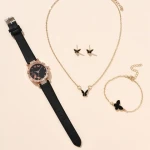 Wholesale Beautiful Flower Diamond Watch 5pcs Butterfly Necklace Bracelet Jewelry Set Girls Watches