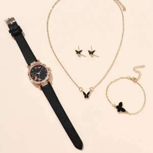 Wholesale Beautiful Flower Diamond Watch 5pcs Butterfly Necklace Bracelet Jewelry Set Girls Watches
