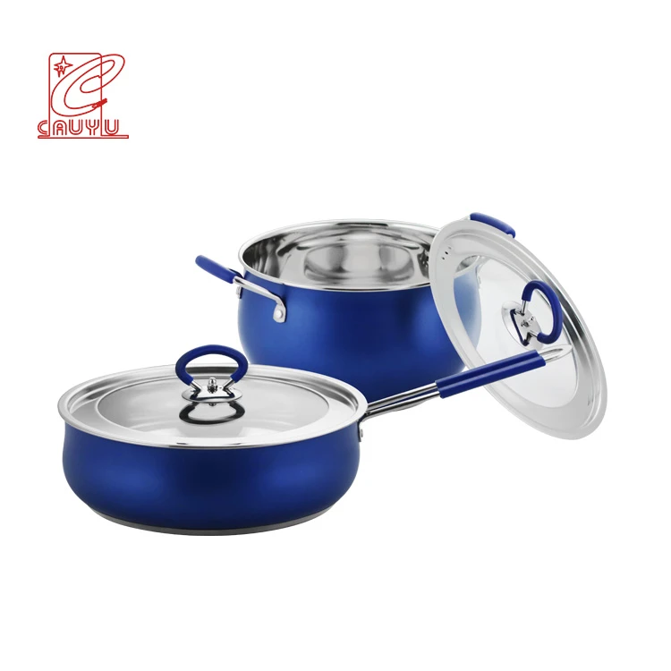 Wholesale Colored Painting Cooking Pan  Stainless Steel Cooking Pot And Pan Cookware Set With Silicon Handle