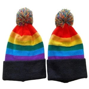 wholesale custom mens acrylic knitted rainbow beanie hats with pom pom