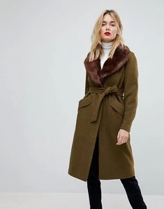 Winter women clothing woolen long coat collar with faux fur