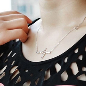 Women Ecg Pendant Necklace Love Shaped Titanium Steel Heartbeat Lockbone Retro Heart Pendant Necklace