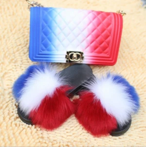 Women Shoes Fur Slide And Jelly Purse Set Extra Fluffy Fuzzy Slippers With Purses Furry Sandals And Handbags
