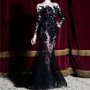 Sexy 2020 Black Appliques Lace Long Sleeves Evening Dresses See Through Formal Party Gowns Long Prom Dress Special Occasion Dubai Gala Dress1