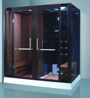 Indoor bathroom Dumb black SS304 frame glass door far infrared sauna shower combination wooden corner sauna room
