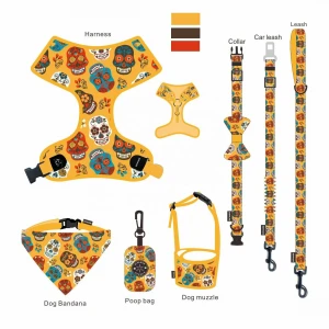 New Design Sublimation Patterns Dog Harness Adjustable Collar Leash Harness and Bandana Sets