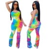 0420M106 Casual Fashionable Women Summer Suspender Tie Dye Multicolor Flared Pleated Heaped Trouser One Piece Stacked Jumpsuit