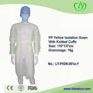 LY PP Yellow Disposable Non-woven Isolation Gown With Knitted Cuffs