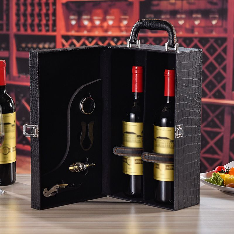PU Leatherette Wine Box For 2 Bottles Gift Packaging For Red Wine