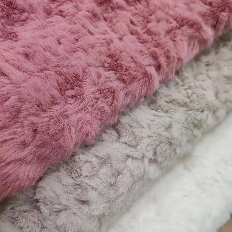 100% Polyester Textile Garment Fabric Emboss Faux Rabbit Fur Fabric Pink Faux Fur Fabric