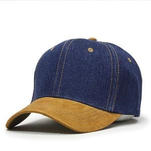 2 tone blank 6panel suede brim denim leather strap back baseball cap