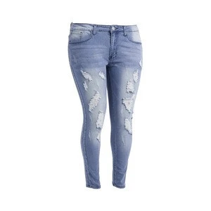 2017 New Model Medium Blue Washed Skinny Women Denim Jeans Plus Size Med Rise Skinny Destroyed Jeans Pants