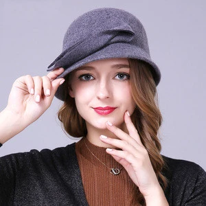 2018 New Fashion Ladies 100% Wool Women Winter Bowler Hat With Bowknot