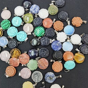 2020 Trendy Mixed Color Rose Flower And Round Loose Gemstone Pendant Beads Engraved Gemstone Pendant For Jewelry Making