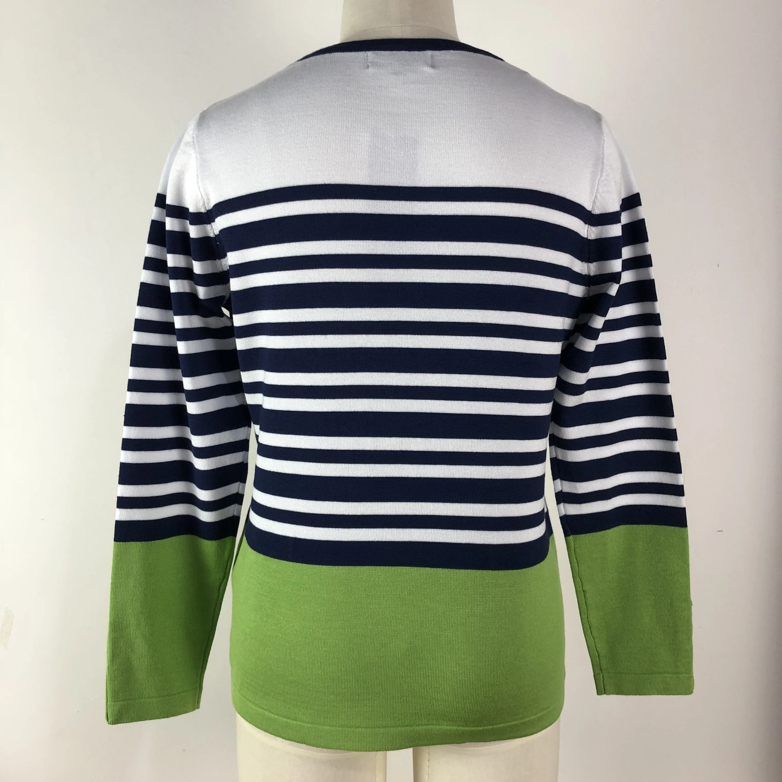 2021 custom womens Long Sleeve Crew Neck Striped Color Block Casual button  Knitted Pullover Sweater Tops