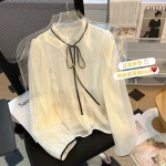 2023 Autumn New Super Loose Bow Blouses Women Vintage Long Sleeve Lace Chiffon Shirts Ladies Casual Tops Clothes