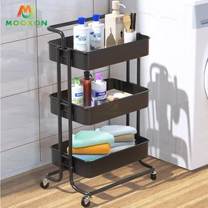 3-Tier Rolling Utility Cart Metal Organization Storage Hand Cart Moveable Home Trolley