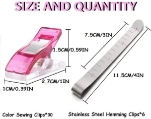 30Pcs Sewing Clips and 6Pcs Stainless Steel Hemming Clips 3 Inches Measurement Ruler Quilting Supplies for Pinning