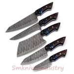 5 pieces Hand Made Damascus stylish kitchen  Chef knives  set with leather kit (Smk1622)