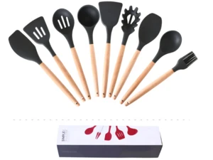 9-Piece Silicone Kitchen Utensils with natural wooden Heat Resistant Cooking Utensil Set