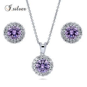 925 Sterling Silver Round Purple CZ Halo jewelry Set S50034 beautiful jewelry set