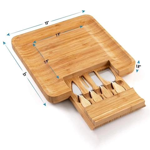Amazon hot sale square cheese cutting board organic bamboo cheese board and knife set