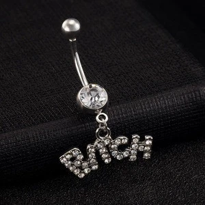 Bitch Belly Button Ring 316L Stainless Steel Navel Rings CZ Crystal Body Piercing Jewelry