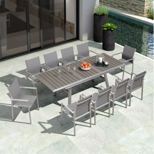 Casual High Quality Garden set Restaurant Plastic Wood Brushed aluminum Extendable Dining Table Set 8 Chair Outdoor Furniture