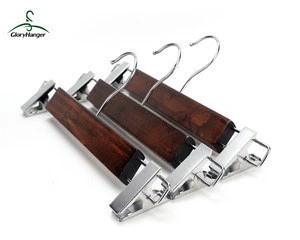 China Adult Clothes Hanger Factory Price Wood Pants Hangers Cherry With Garment Clips
