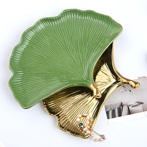 Creative Nordic Coffee Table Home Decoration Green Gold Ginkgo Leaf Ceramic Storage Tray