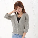 cropped knit 3/4 sleeve  lady gray crop top sweater alpaca cardigan set