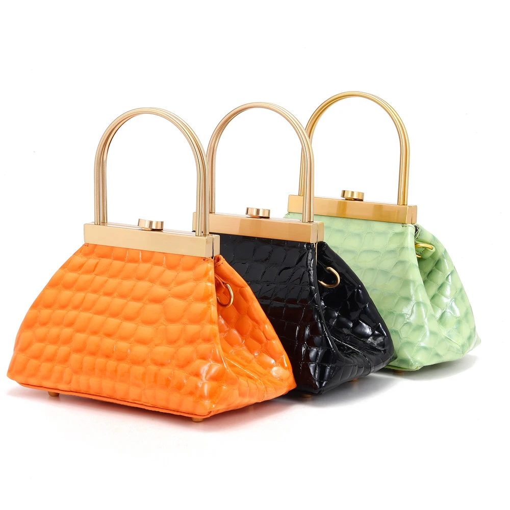 Designer ladies crocodile pattern glossy genuine leather crossbody tote  handbag  with hardware Clip