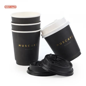 disposable double wall or single wall gold foil stamping custom logo all black hot coffee paper cup with  lid