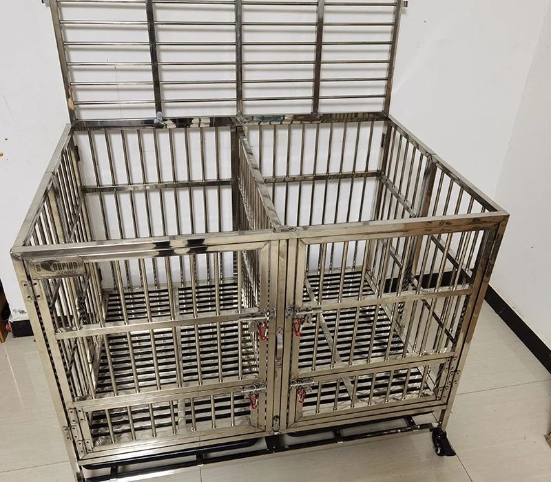 Double Doors Folding Dog Cages Stainless Steel  Dog Folding Cages with Feeding Doors Foldable Metal Dog Kennels