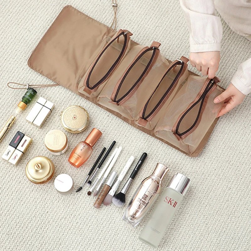 drop shipping 4 pcs in 1 set mesh toiletry storage bag detachable cosmetic makeup organizer travel portable roll up wash bag