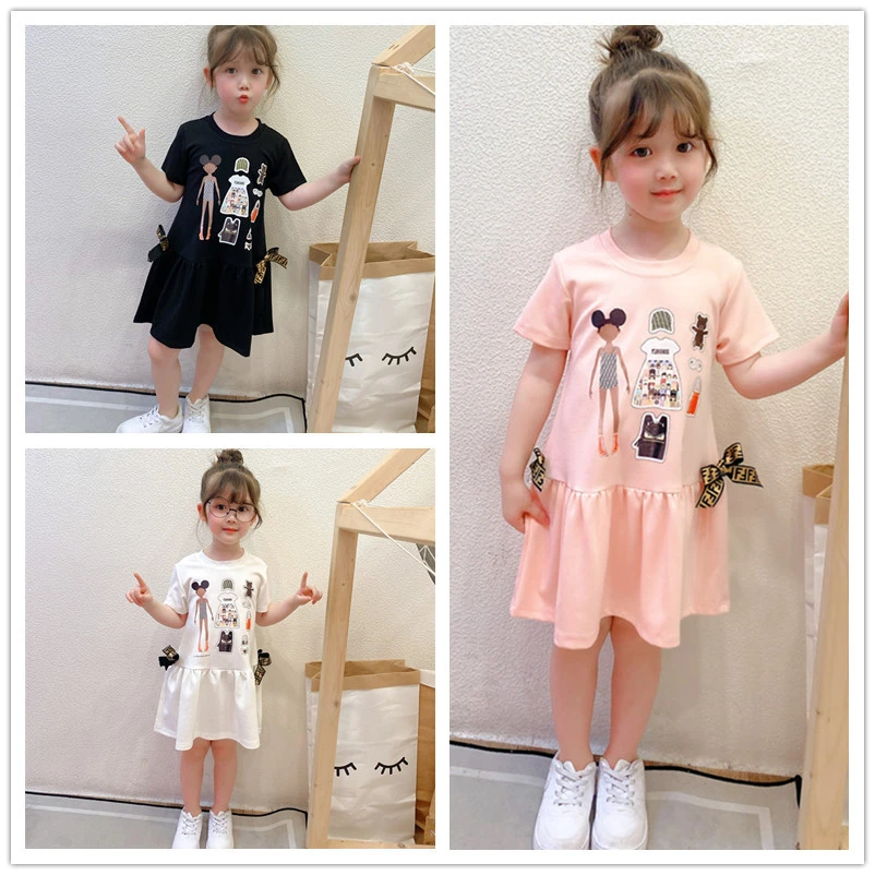 Drop Shipping  Ins Tumblr Girls Dresses Fashion Trending Children Clothes  Short Tshirt Skirt Kids Summer Printed Cartoon Dress