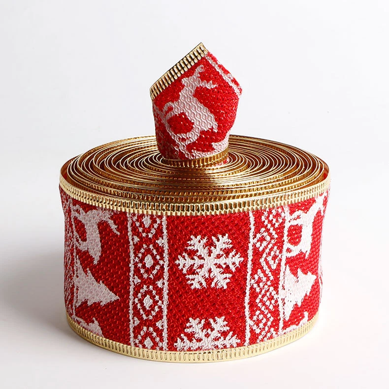 Elegant snowflake printed jute linen wire edge christmas ribbon for decoration