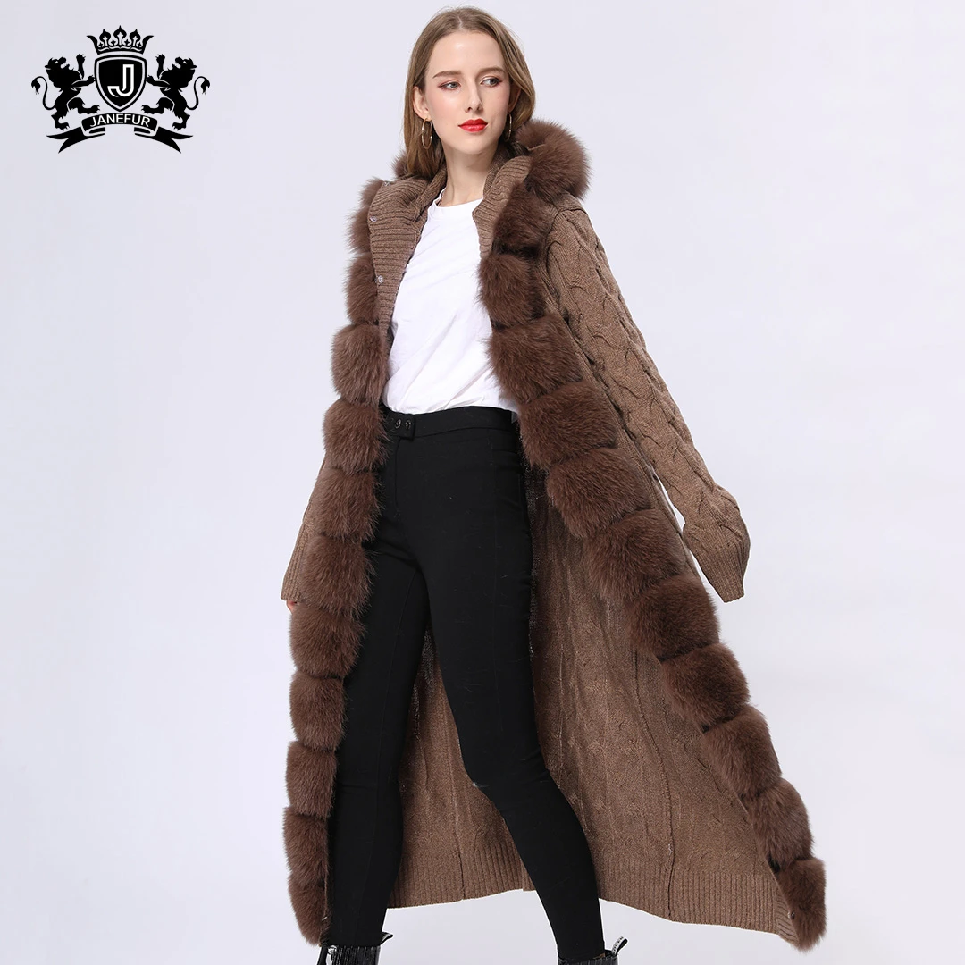 Fashion Design Hooded fur Coat Female Soft Real Fox Fur Coat Knitted Long Wool Sweater Women Fur Cardigan