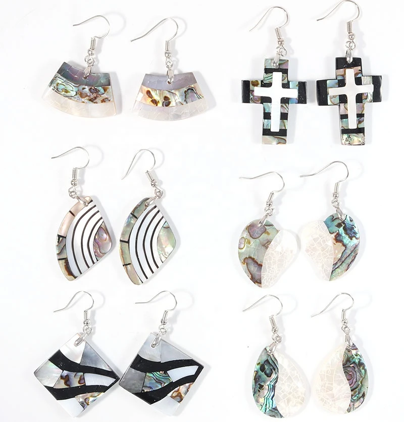 Fashion Handmade Water Drop Dangle Earrings Abalone Shell Heart Gems Silver Hook Dangle Earrings Pair