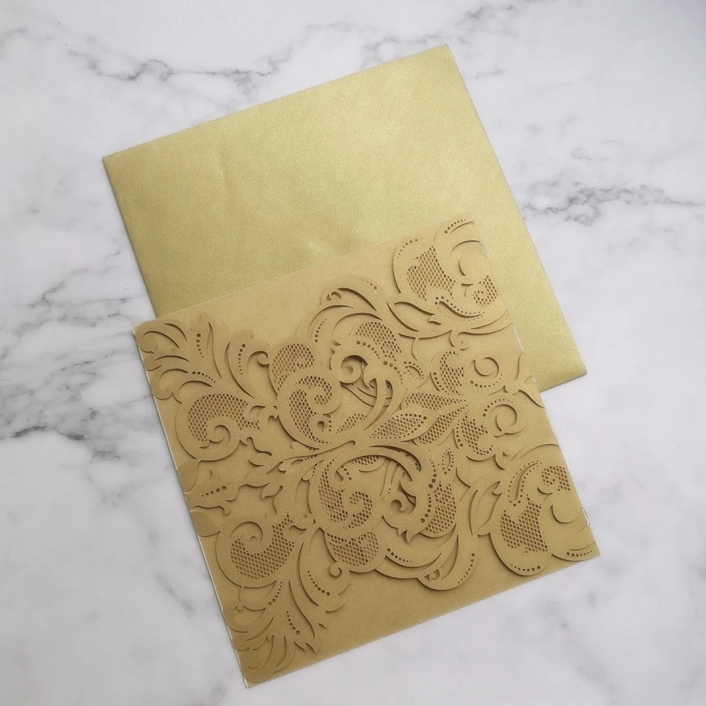 Free Sample Custom Print  Blank Insert  Wedding Invitation Cards Shimmer Laser Cut Pocket
