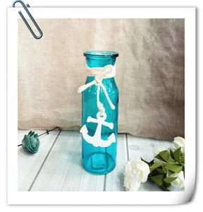 Fulaishan blue color glass vase with white decorations for home deco/blue glass vase