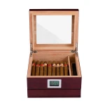 Glass Top Handcrafted Cedar Humidor Cigar Box with Front Digital Hygrometer Humidifier Gel and Accessory Drawer Holds