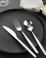 Guangzhou supplier wedding silver flatware designer stainless steel cutlery set with soup tea spoon fork and knife customize