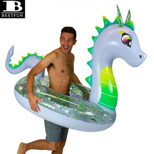 heavy duty PVC glitter inflatable dragon shaped transparent swimming ring pool float durable vinyl adults water lounger swim toy