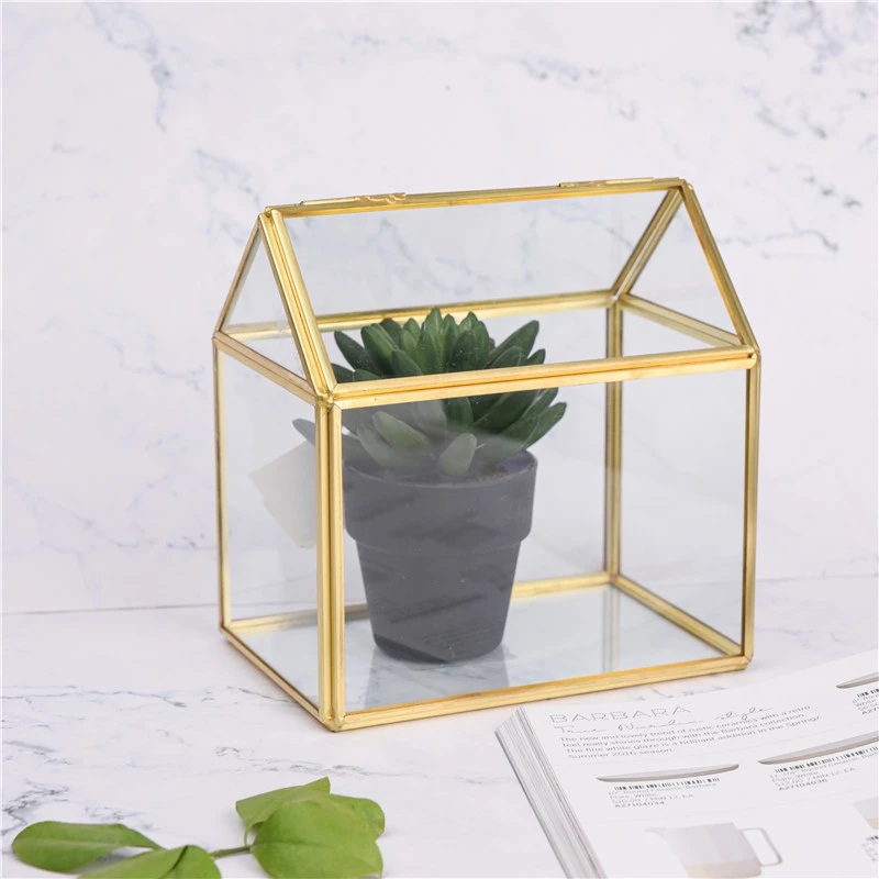 Hicheon 2020 wholesale black large crystal vases clear geometric glass terrarium copper plant glass terrarium