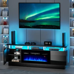 High Gloss Black Modern TV Stand with 750W/1500W 36" Electric Fireplace for TVs Up to 80", Entertainment center with fireplace