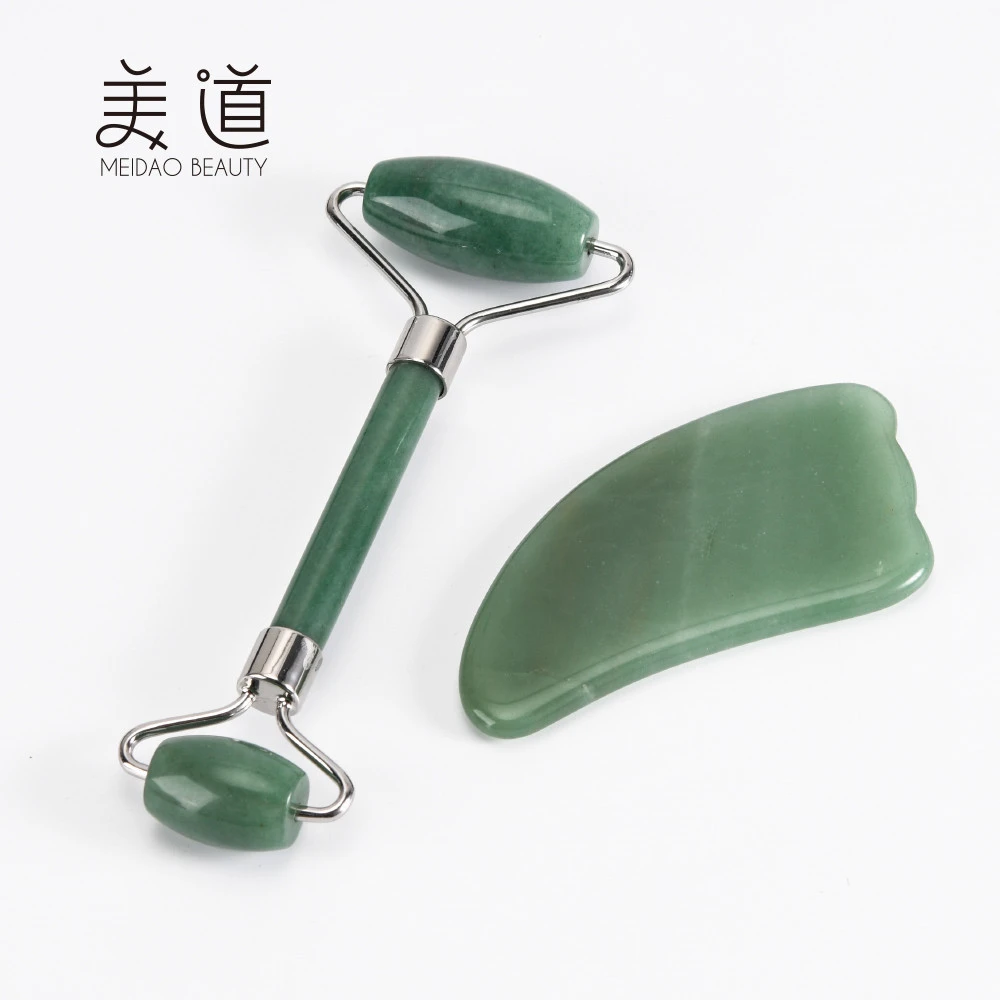 High quality 100% natrual green aventurine quartz face lift roller massager jade roller and GuaSha stone set