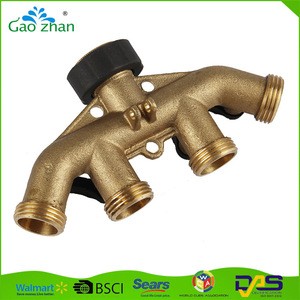 High quality brass water hose pipe 4 way splitter connector with shut off valve