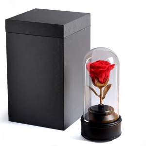 Hot sale preserved flower fresh rose in glass dome with rotating music box for Valentine&#x27;s day and mother&#x27;s day gifts