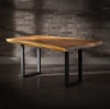 industrial modern style solid black walnut wood dining table , live edge slab and custom made size ,many metal legs for choices